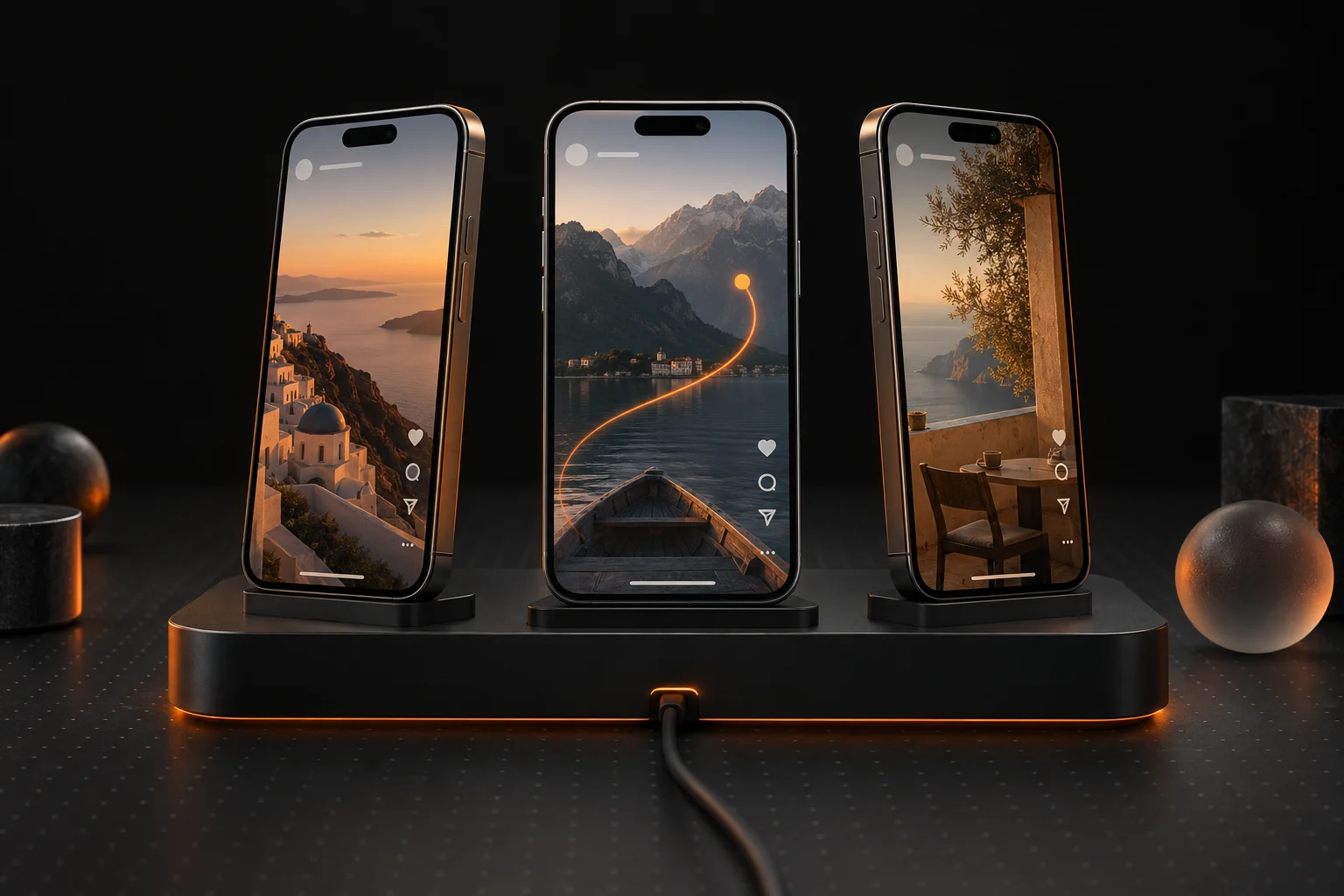 Illustration of three physical iPhones showing different social feeds with a warm orange gesture trail.