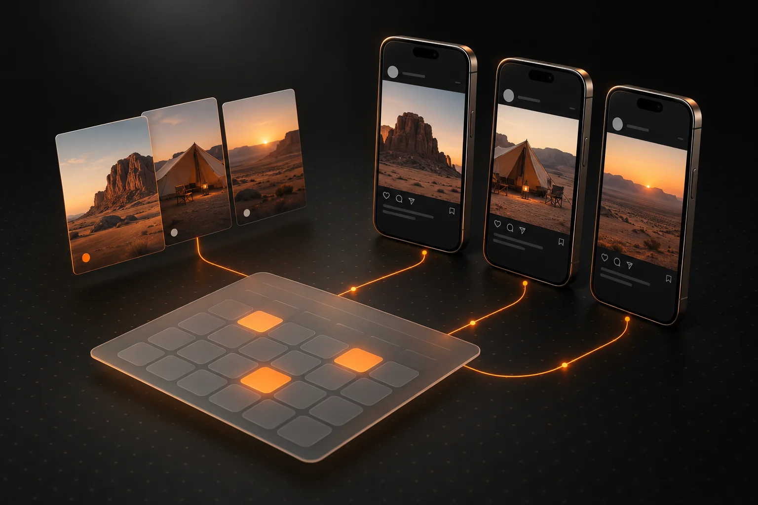 Illustration of a calendar connecting an ordered set of images to three iPhones.