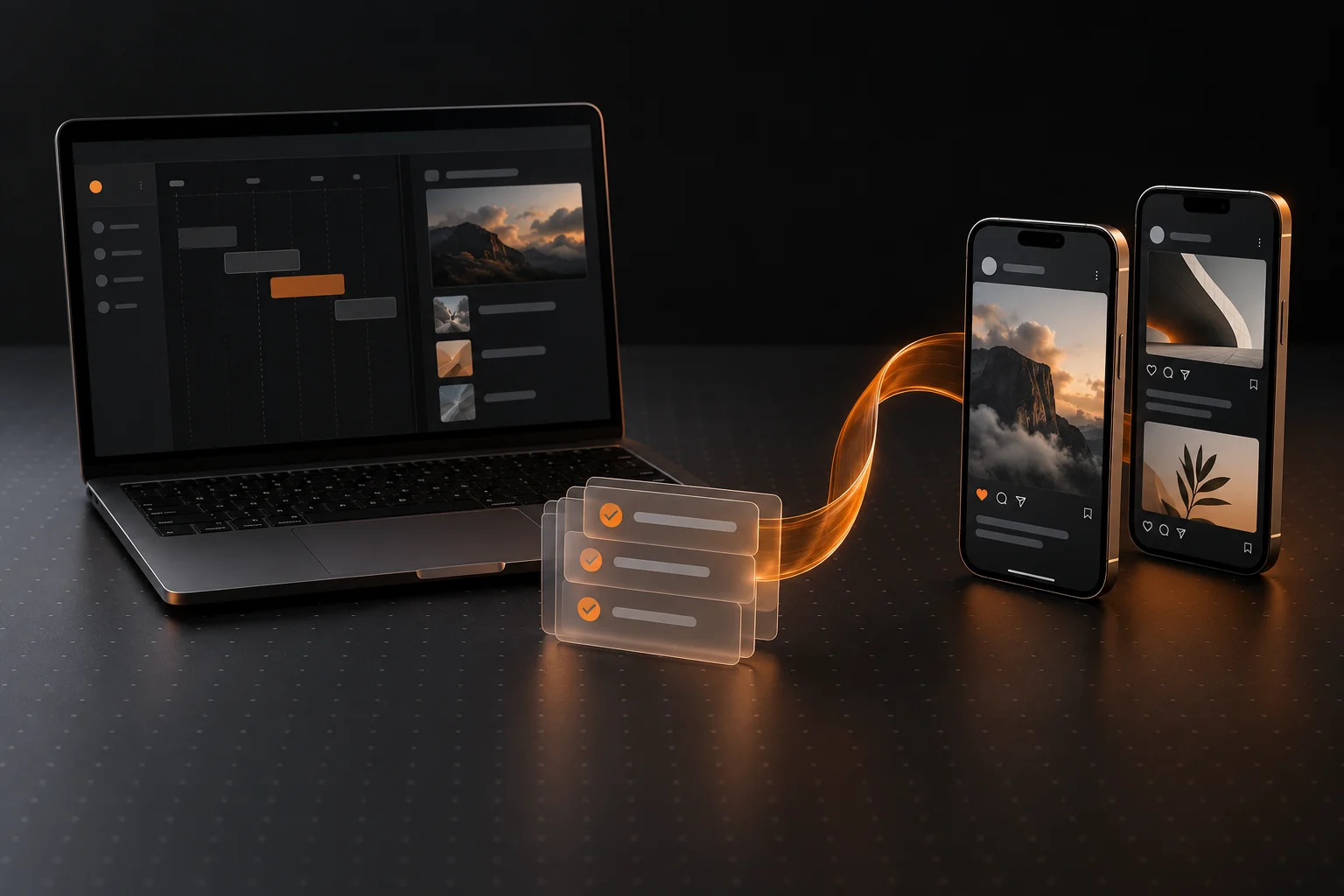 Illustration of a laptop connecting a planned workflow to two physical iPhones.